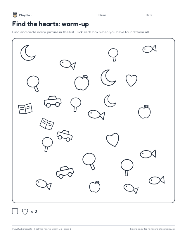 Find the hearts: warm-up: hidden picture puzzle for Pre-K, page 1 preview