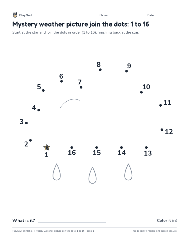 Mystery weather picture join the dots: 1 to 16: dot-to-dot for Pre-K, page 1 preview