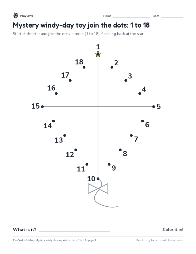 Mystery windy-day toy join the dots: 1 to 18: dot-to-dot for Pre-K, page 1 preview
