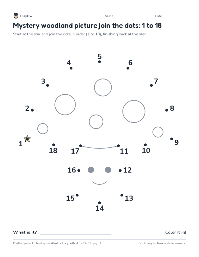 Mystery woodland picture join the dots: 1 to 18: dot-to-dot for Pre-K, page 1 preview