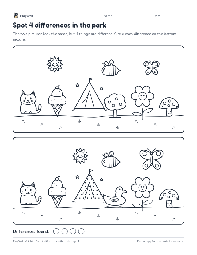 Spot 4 differences in the park: spot the difference puzzle for Pre-K, page 1 preview