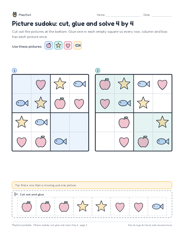 Picture sudoku: cut, glue and solve 4 by 4: sudoku puzzle for Pre-K, page 1 preview