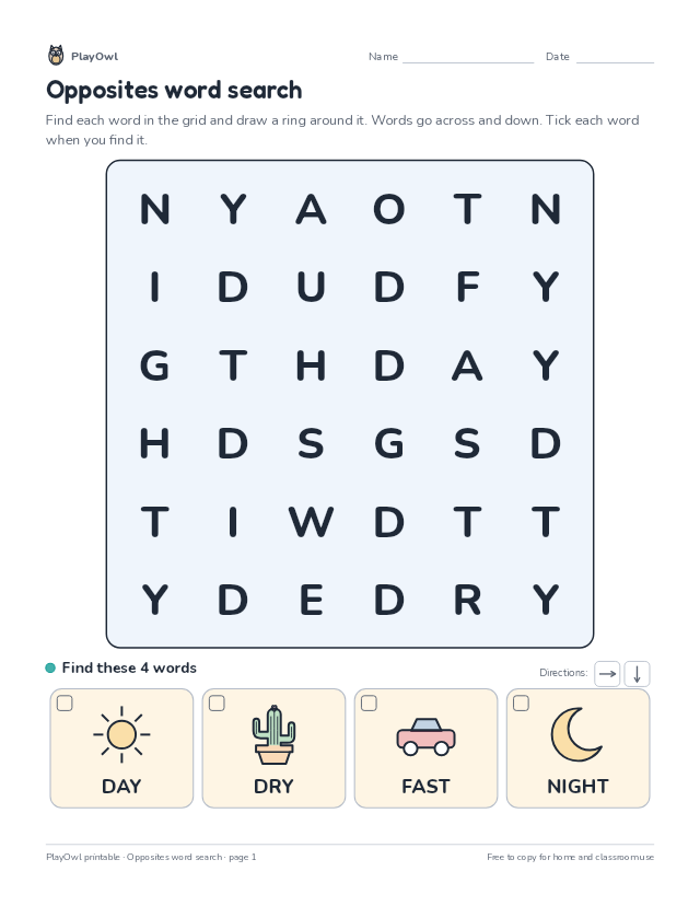Opposites word search: word search for Pre-K, page 1 preview