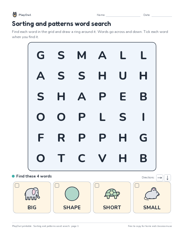 Sorting and patterns word search: word search for Pre-K, page 1 preview