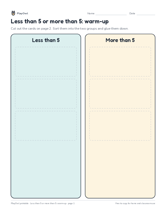 Less than 5 or more than 5: warm-up: cut-and-sort worksheet for Pre-K, page 1 preview