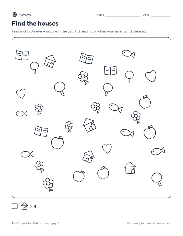 Find the houses: hidden picture puzzle for Pre-K, page 1 preview
