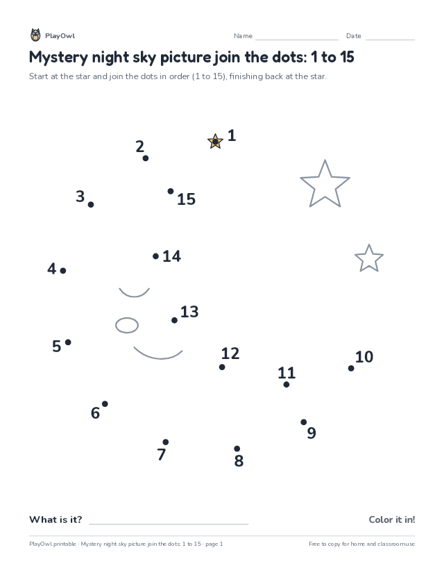 Mystery night sky picture join the dots: 1 to 15: dot-to-dot for Pre-K, page 1 preview