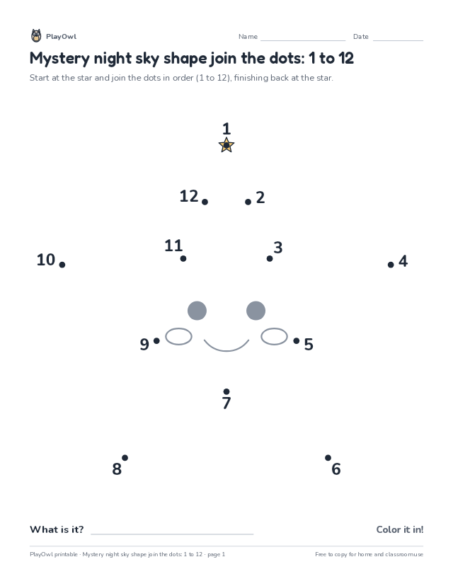Mystery night sky shape join the dots: 1 to 12: dot-to-dot for Pre-K, page 1 preview