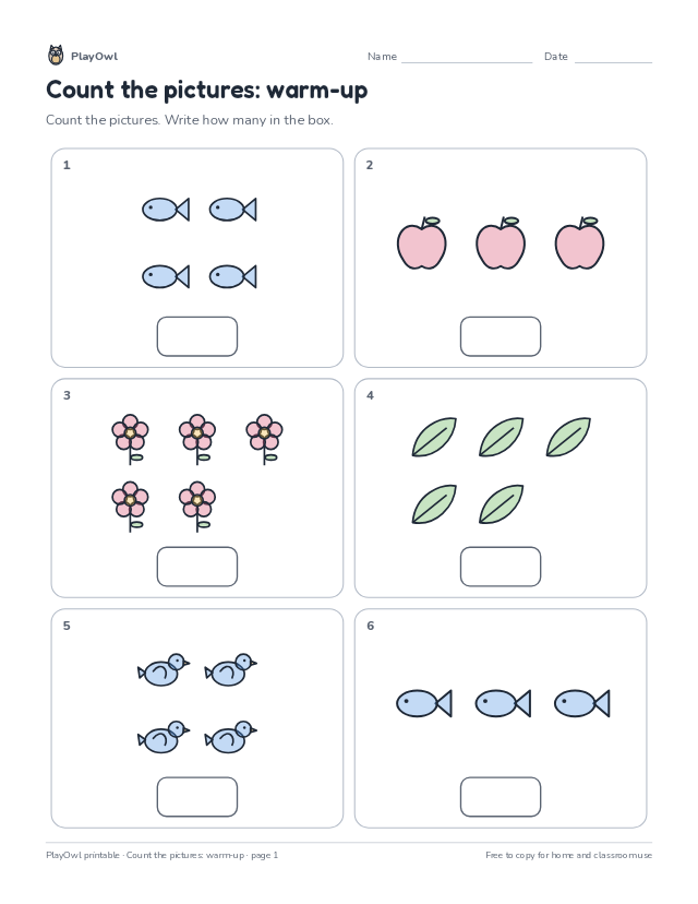 Count the pictures: warm-up: math worksheet for Pre-K, page 1 preview