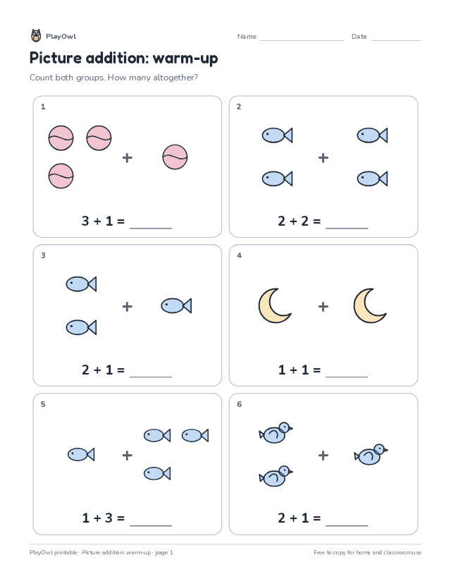 Picture addition: warm-up: math worksheet for Pre-K, page 1 preview