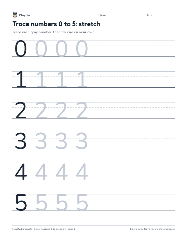 Trace numbers 0 to 5: stretch: tracing worksheet for Pre-K, page 1 preview
