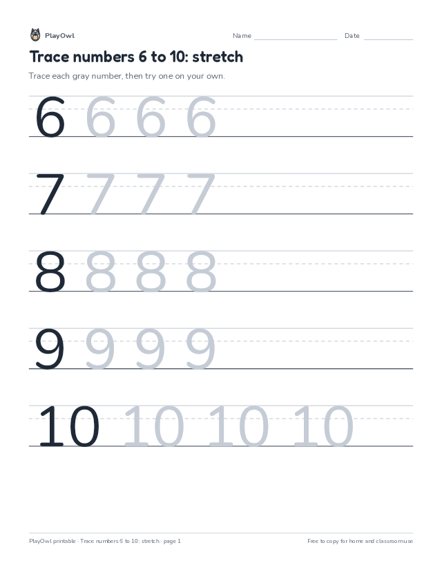 Trace numbers 6 to 10: stretch: tracing worksheet for Pre-K, page 1 preview