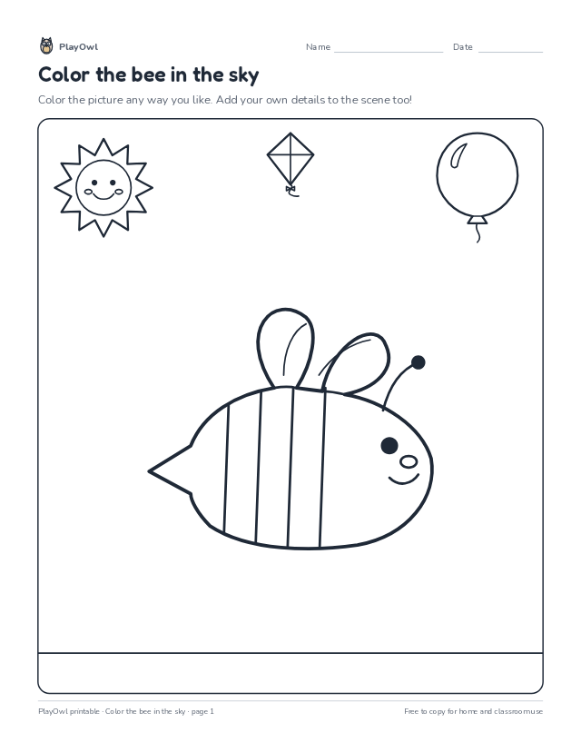Color the bee in the sky: coloring page for Pre-K, page 1 preview