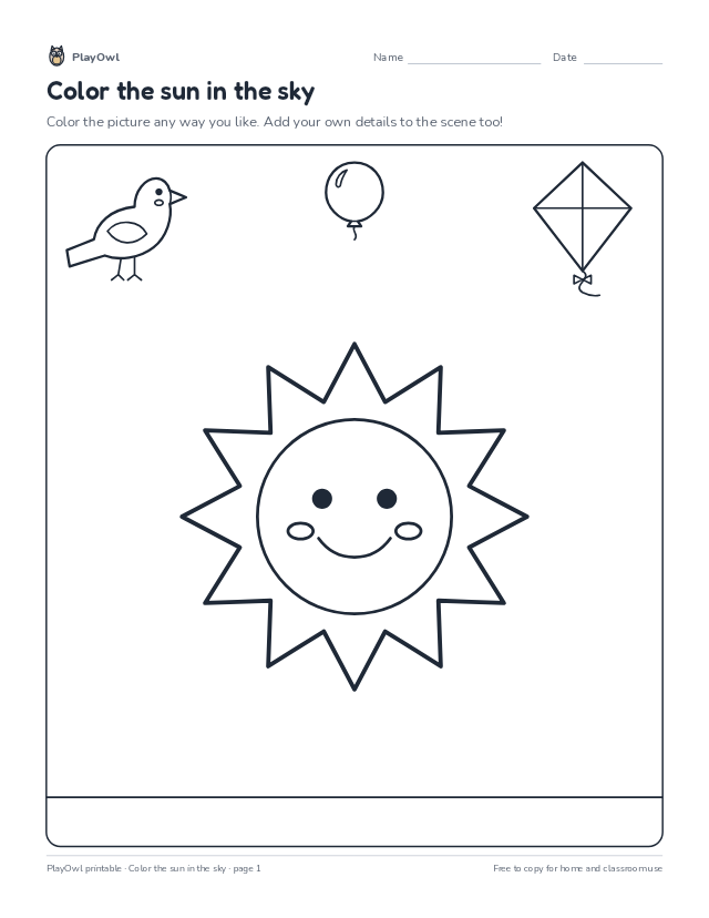 Color the sun in the sky: coloring page for Pre-K, page 1 preview