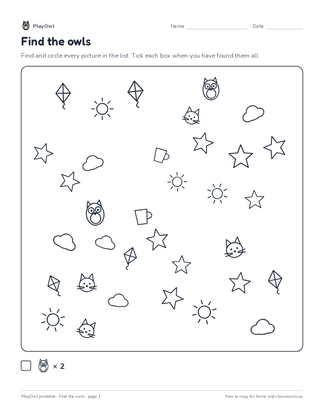 Find the owls: hidden picture puzzle for Pre-K, page 1 preview