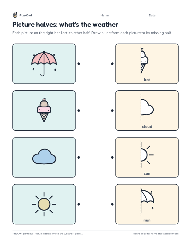 Picture halves: what's the weather: matching worksheet for Pre-K, page 1 preview