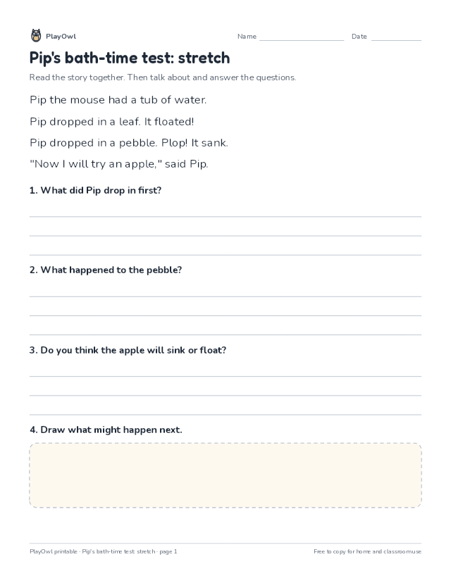 Pip's bath-time test: stretch: reading passage for Pre-K to Kindergarten, page 1 preview