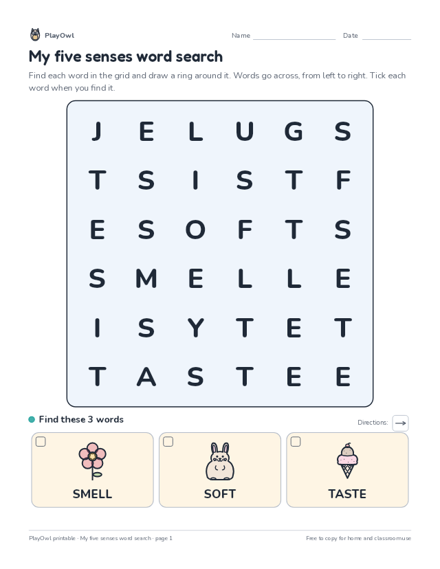 My five senses word search: word search for Pre-K, page 1 preview