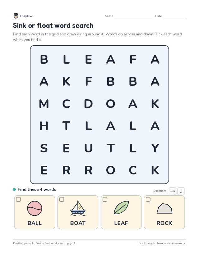 Sink or float word search: word search for Pre-K, page 1 preview