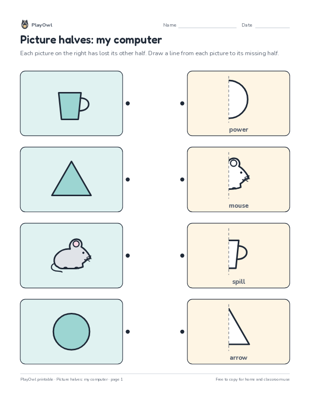Picture halves: my computer: matching worksheet for Preschool, page 1 preview