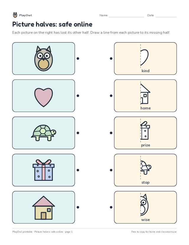 Picture halves: safe online: matching worksheet for Preschool, page 1 preview