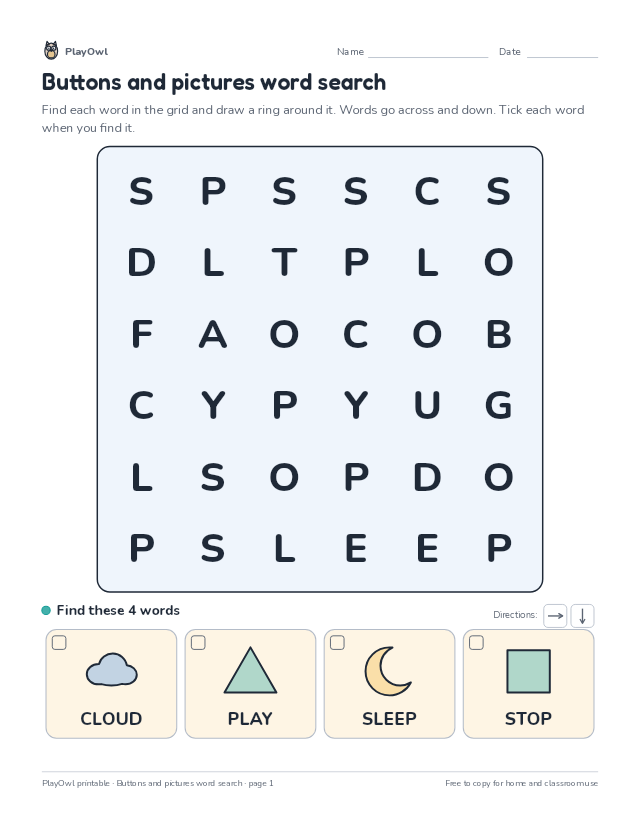 Buttons and pictures word search: word search for Preschool, page 1 preview