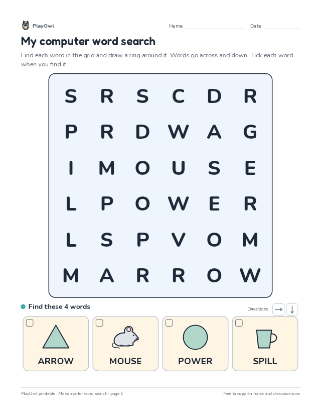 My computer word search: word search for Preschool, page 1 preview