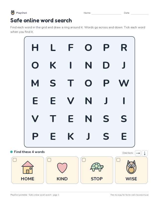 Safe online word search: word search for Preschool, page 1 preview