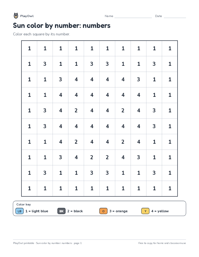 Sun color by number: numbers: color-by-number page for Preschool, page 1 preview