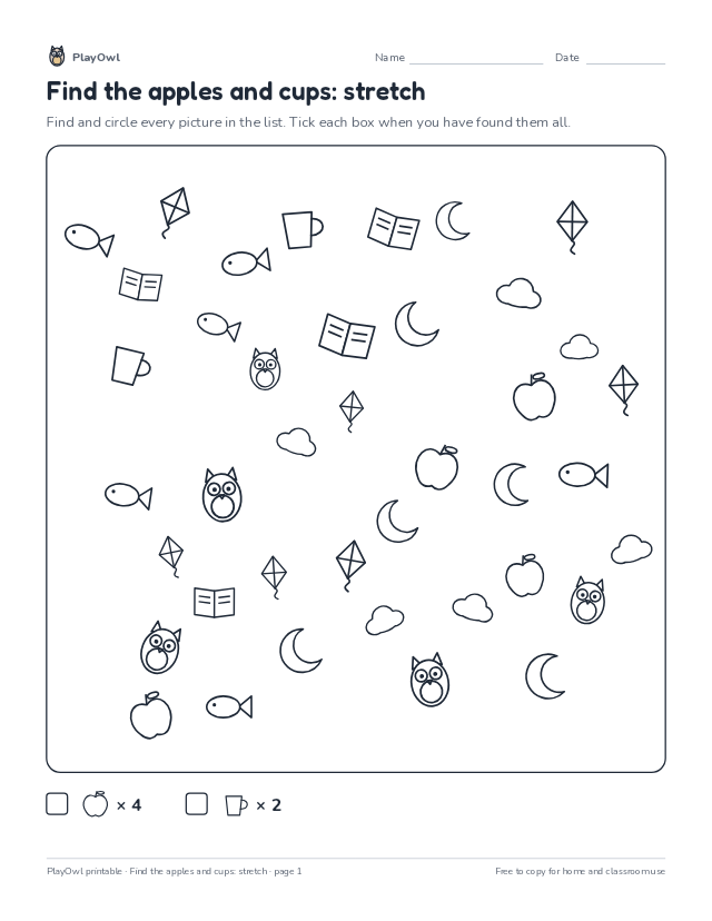 Find the apples and cups: stretch: hidden picture puzzle for Preschool, page 1 preview