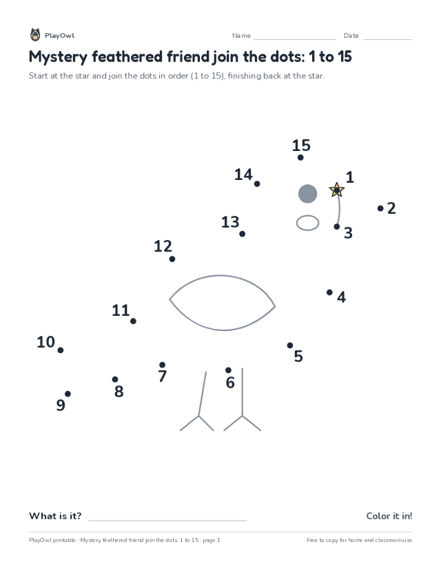 Mystery feathered friend join the dots: 1 to 15: dot-to-dot for Preschool, page 1 preview