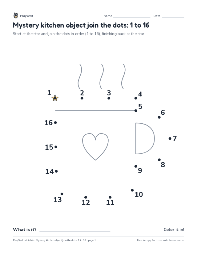 Mystery kitchen object join the dots: 1 to 16: dot-to-dot for Preschool, page 1 preview