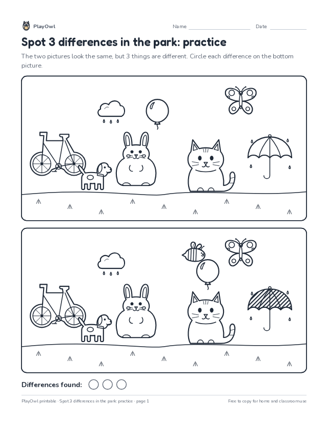 Spot 3 differences in the park: practice: spot the difference puzzle for Preschool, page 1 preview