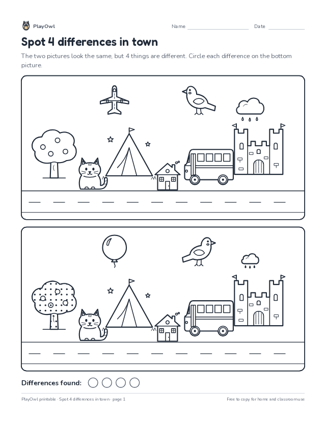 Spot 4 differences in town: spot the difference puzzle for Preschool, page 1 preview