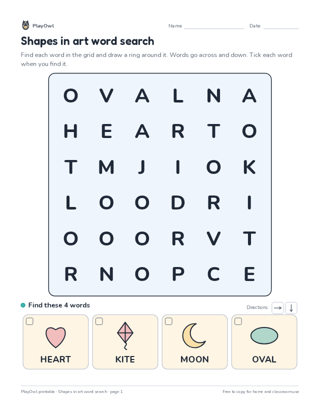 Shapes in art word search: word search for Preschool, page 1 preview