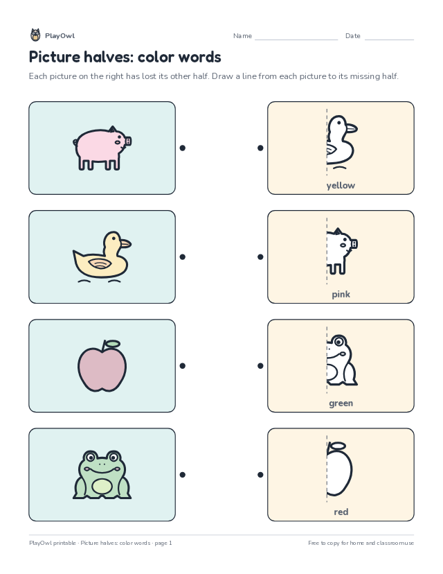 Picture halves: color words: matching worksheet for Preschool, page 1 preview