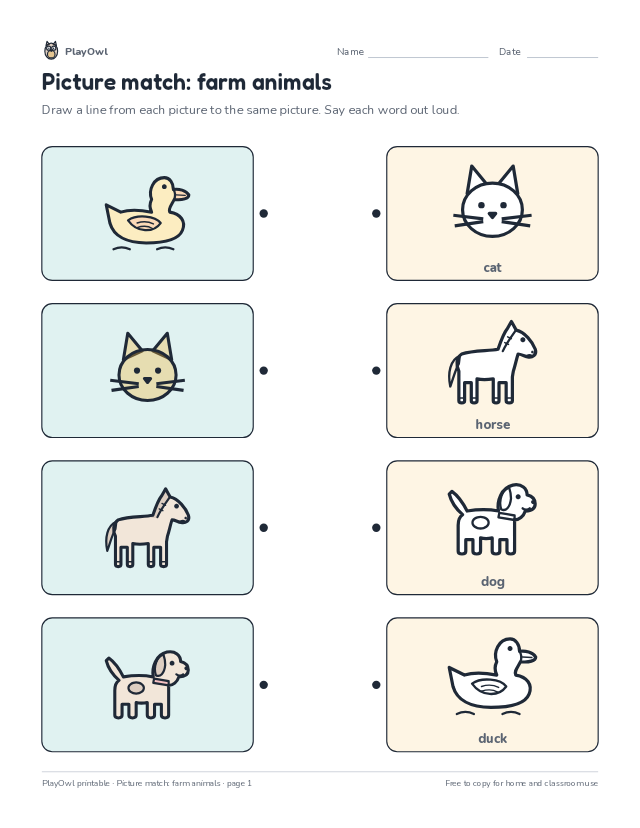 Picture match: farm animals: matching worksheet for Preschool, page 1 preview