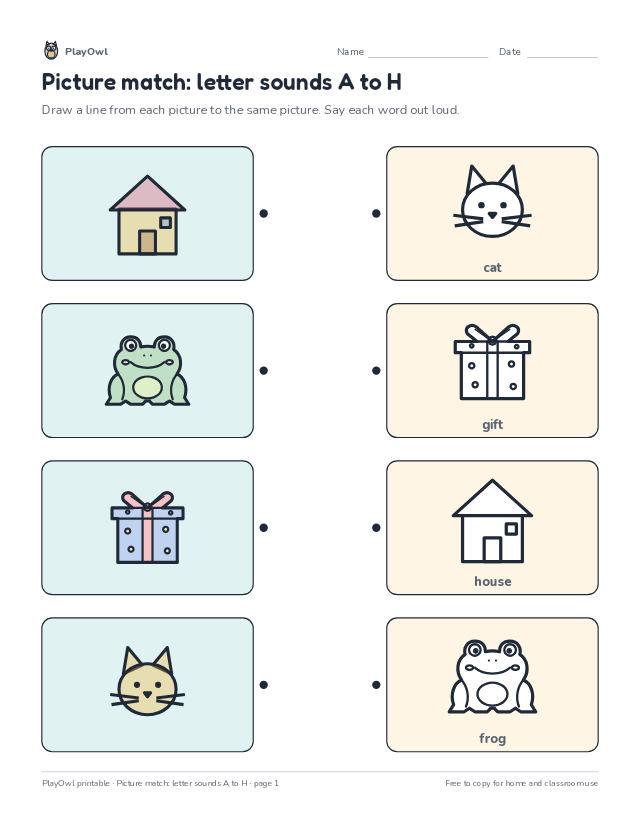 Picture match: letter sounds A to H: matching worksheet for Preschool, page 1 preview