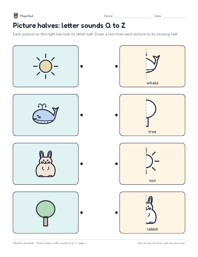 Picture halves: letter sounds Q to Z: matching worksheet for Preschool to Pre-K, page 1 preview
