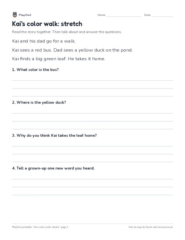 Kai's color walk: stretch: reading passage for Preschool to Pre-K, page 1 preview