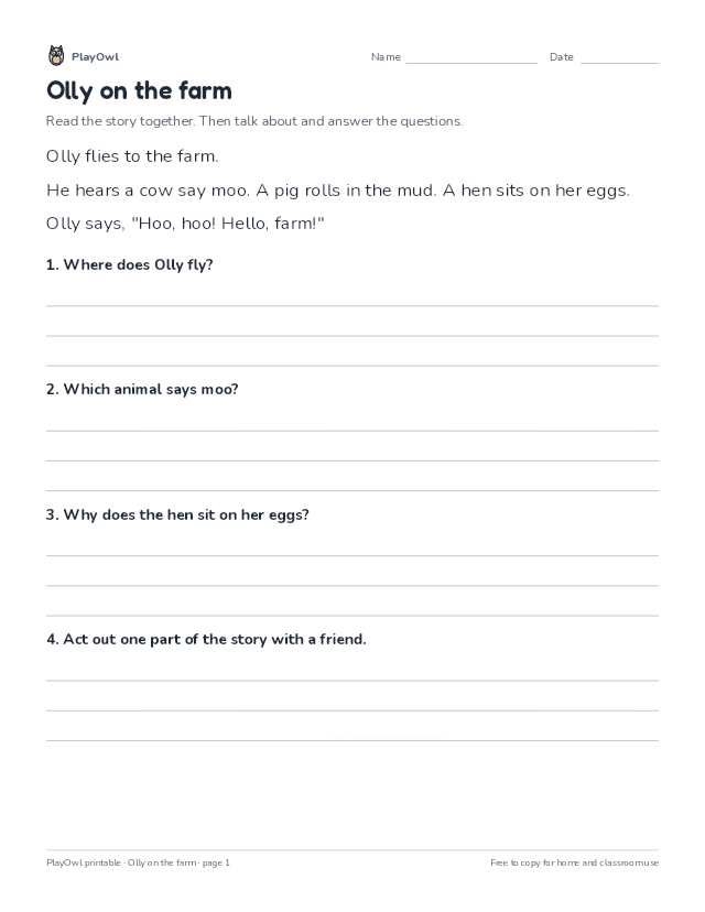 Olly on the farm: reading passage for Preschool to Pre-K, page 1 preview