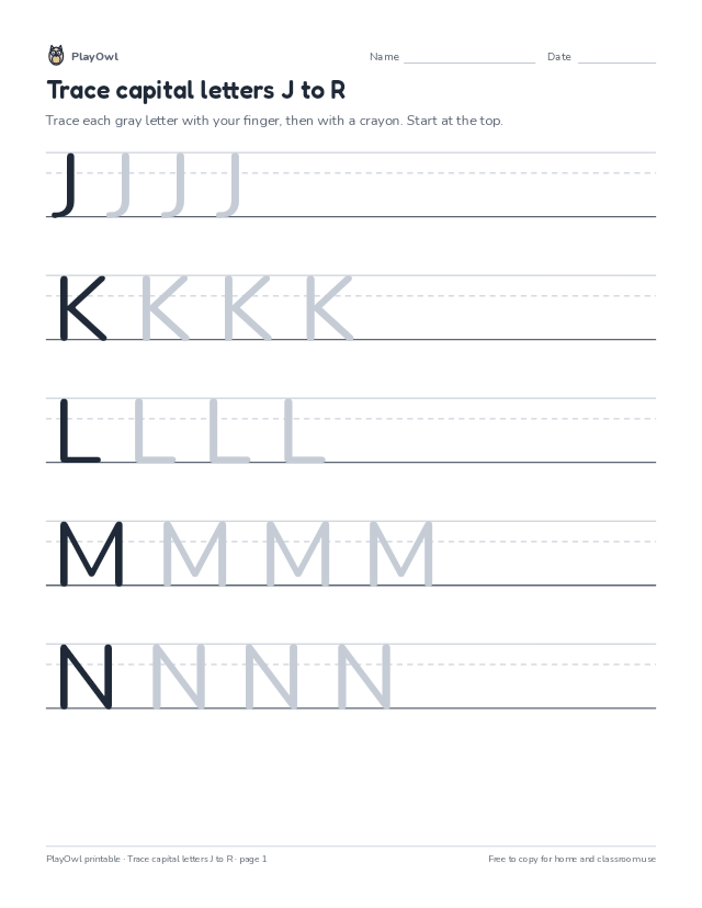 Trace capital letters J to R: tracing worksheet for Preschool, page 1 preview