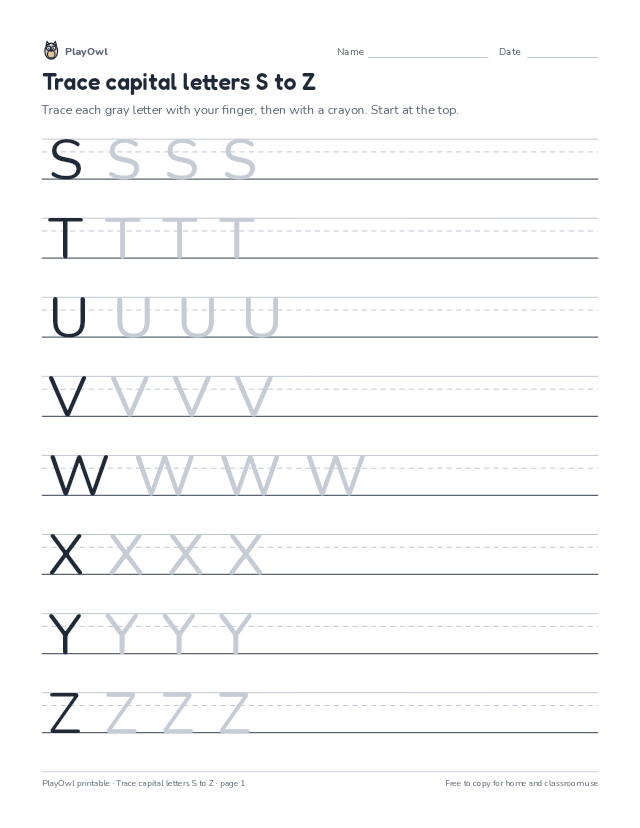 Trace capital letters S to Z: tracing worksheet for Preschool, page 1 preview