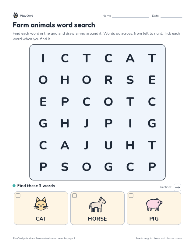 Farm animals word search: word search for Preschool, page 1 preview