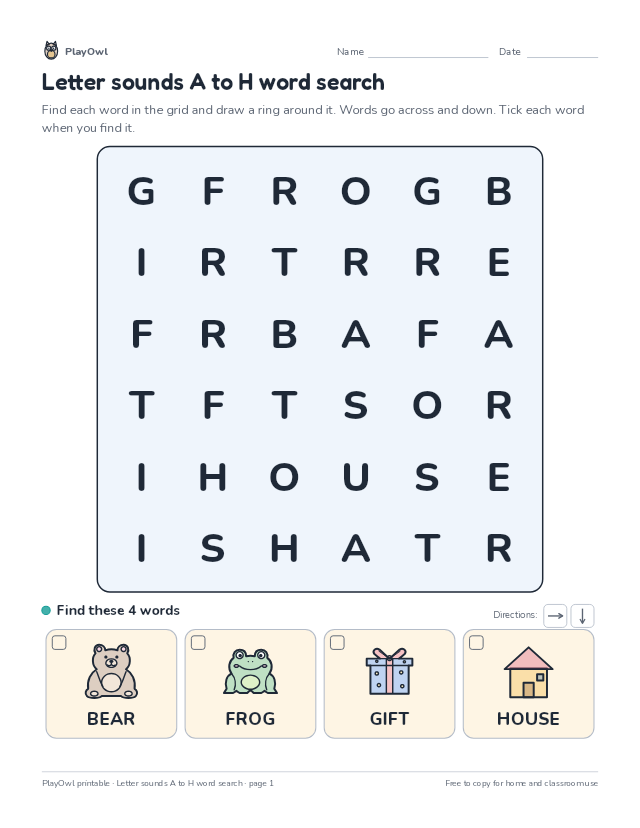 Letter sounds A to H word search: word search for Preschool, page 1 preview