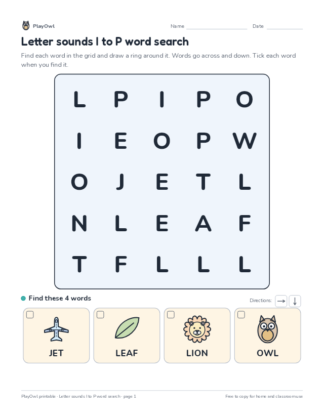 Letter sounds I to P word search: word search for Preschool, page 1 preview