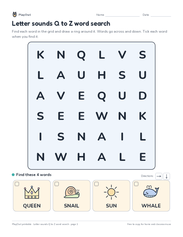 Letter sounds Q to Z word search: word search for Preschool, page 1 preview