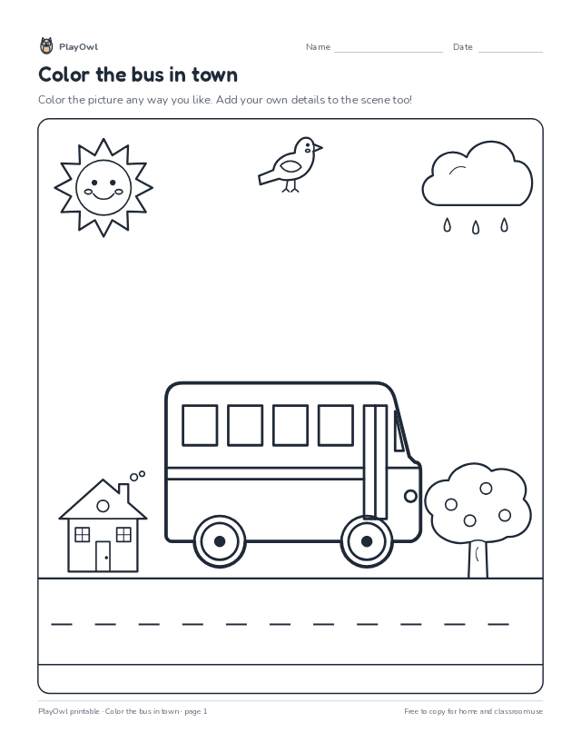 Color the bus in town: coloring page for Preschool to Pre-K, page 1 preview