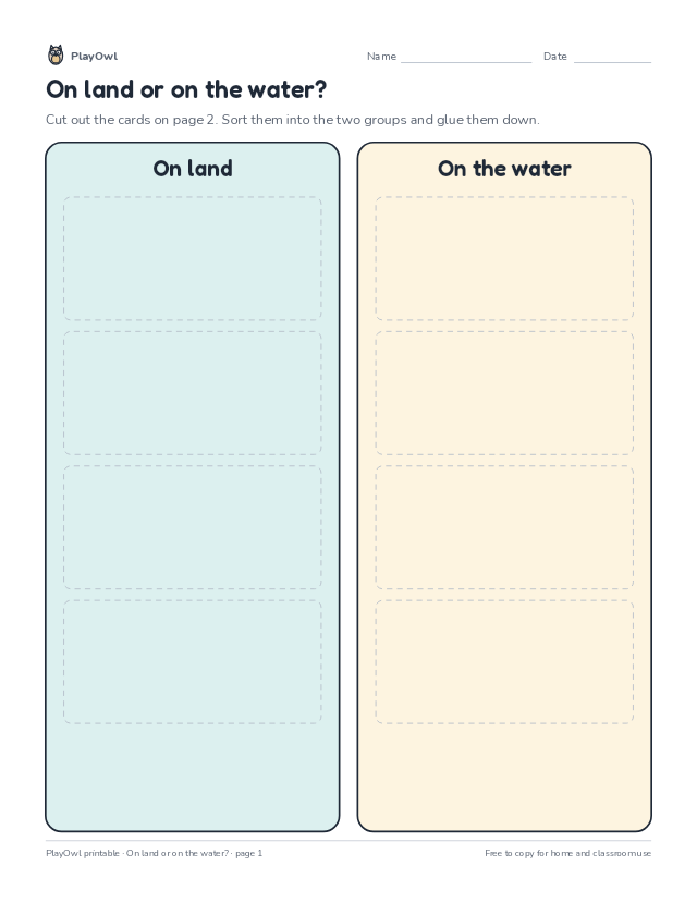 On land or on the water?: cut-and-sort worksheet for Preschool to Pre-K, page 1 preview