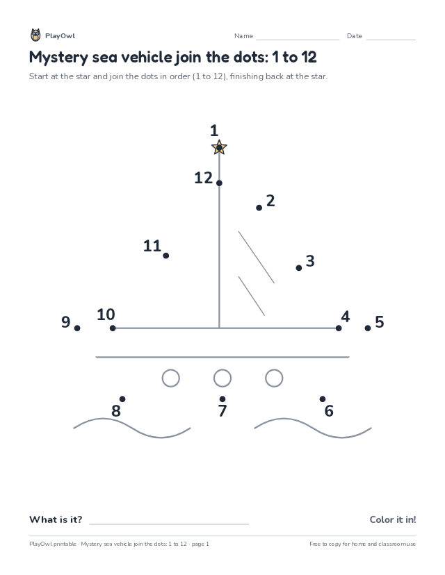 Mystery sea vehicle join the dots: 1 to 12: dot-to-dot for Preschool, page 1 preview